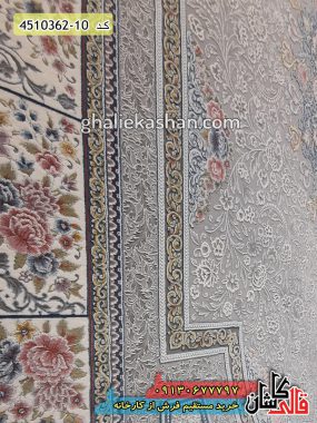 فرش کاشان خرید فرش 1200 شانه طرح طاق بستان زمینه نقره ای گل برجسته قالی کاشان