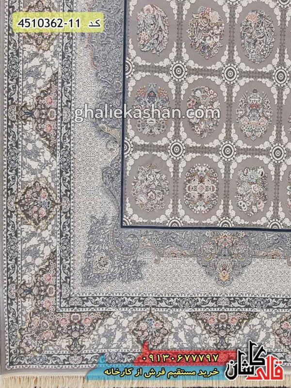 فرش کاشان-خرید فرش 1200 شانه طرح ماهدیس زمینه نقره ای قالی کاشان