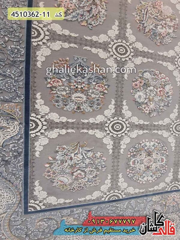 فرش کاشان-خرید فرش 1200 شانه طرح ماهدیس زمینه نقره ای قالی کاشان