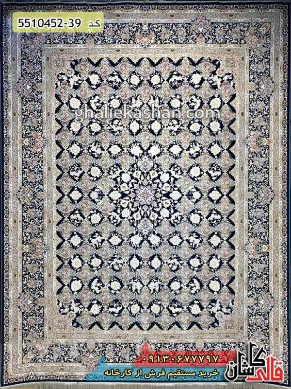 فرش کاشان - خرید فرش 1500 شانه طرح اصیل کلاسیک زمینه ذغالی گل برجسته - قالی کاشان