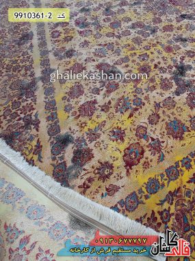 فرش کاشان خرید فرش 1200 شانه ارزان قیمت و تخفیفی طرح وینتیج افشان زمینه طلایی قالی کاشان
