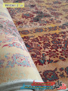 فرش کاشان خرید فرش 1200 شانه ارزان قیمت و تخفیفی طرح وینتیج افشان زمینه طلایی قالی کاشان