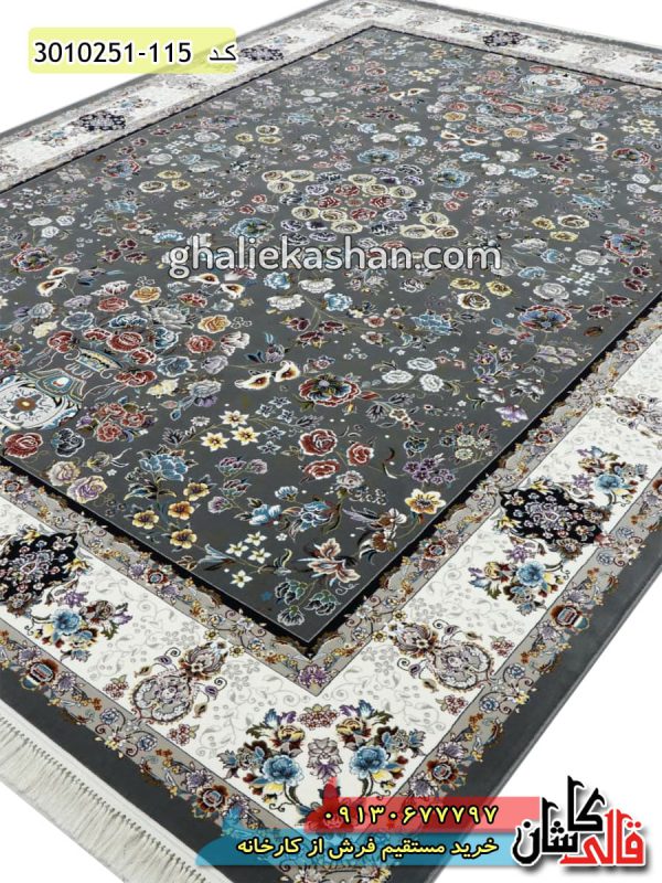 قیمت خرید فرش قالی کاشان فروش فرش ماشینی 700 شانه طرح رز زمینه دودی کاشان اصلی