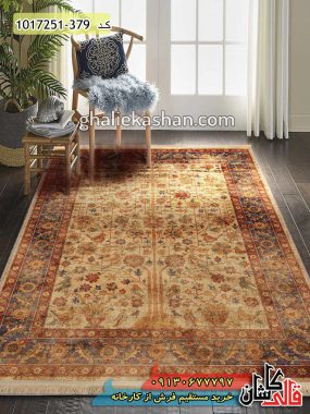 قیمت خرید فرش قالی کاشان فروش فرش ماشینی وینتیج کهنه نما 700 شانه طرح درختی گل و مرغ زمینه کرم کاشان