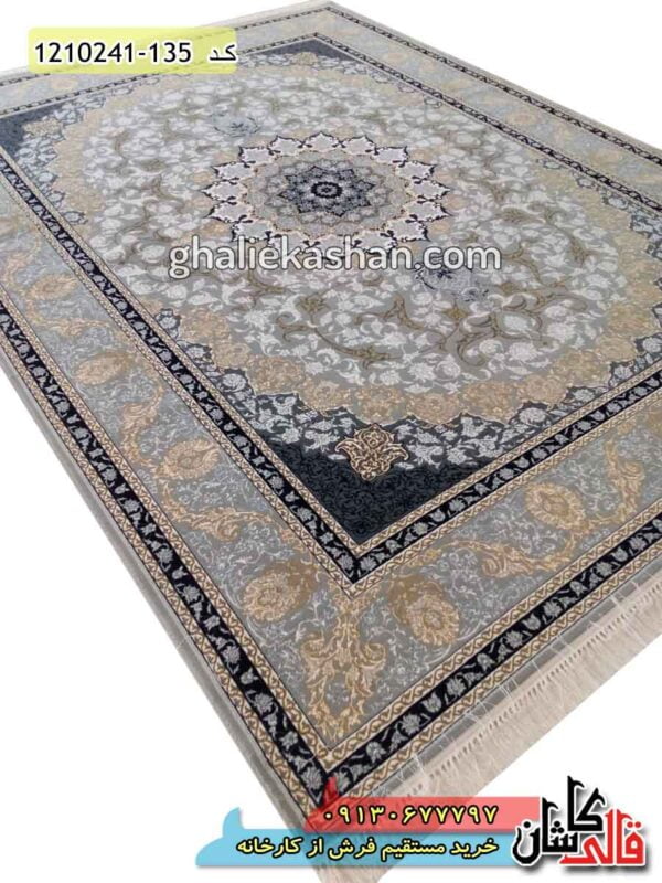 فرش 700 شانه طرح نایین زمینه نقره ای طلاکوب کاشان - فرش ارزان قیمت جدید قالی کاشان