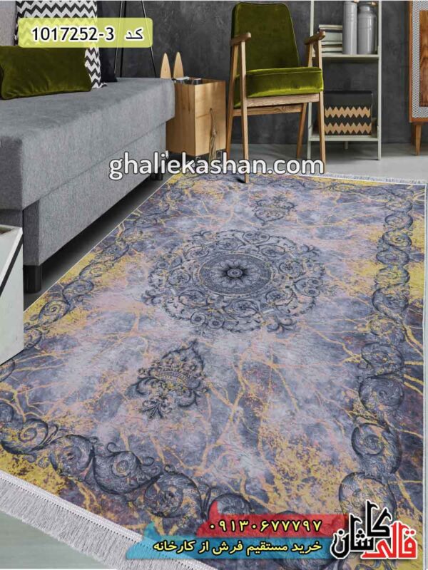 فرش فانتزی مدرن 700 شانه گل برجسته زمینه طوسی طرح کهربا کاشان - فرش طوسی طلایی جدید