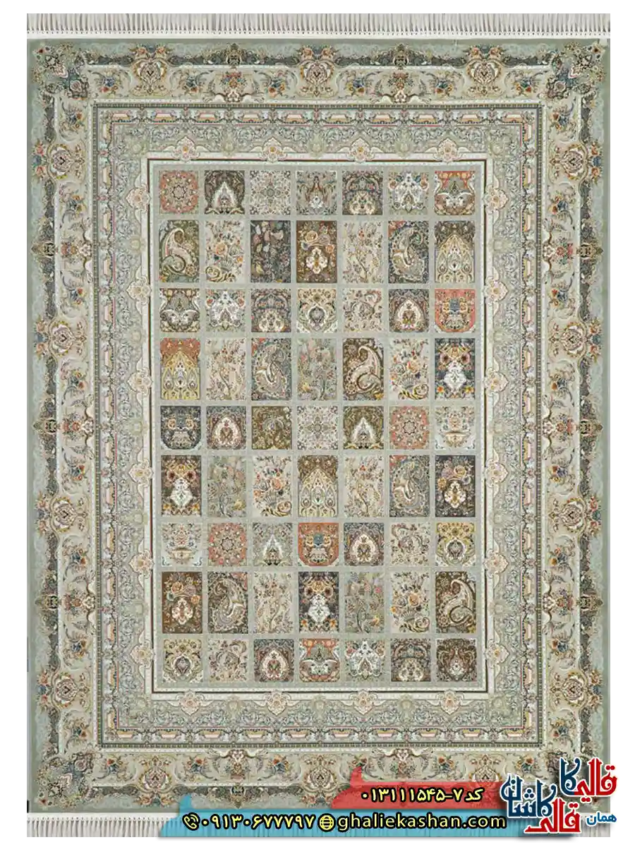 فرش 1500 شانه طرح خشتی رنگ طوسی نقره ای کاشان اصلی