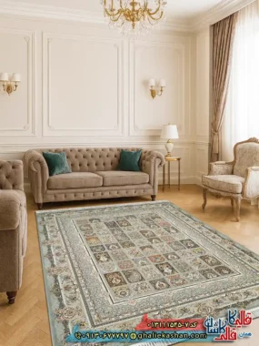 فرش 1500 شانه طرح خشتی زمینه نقره ای کاشان - گل برجسته