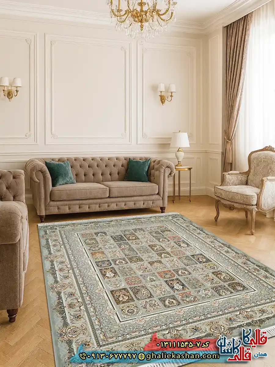 فرش 1500 شانه طرح خشتی رنگ طوسی نقره ای کاشان دکوراسیون