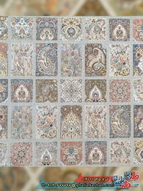 فرش 1500 شانه طرح خشتی رنگ طوسی نقره ای کاشان زمینه