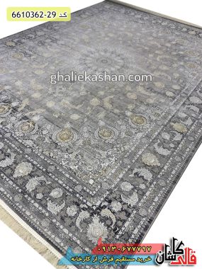 جدیدترین فرش وینتیج کهنه نمای طلاکوب زمینه ذغالی 1200 شانه کاشان