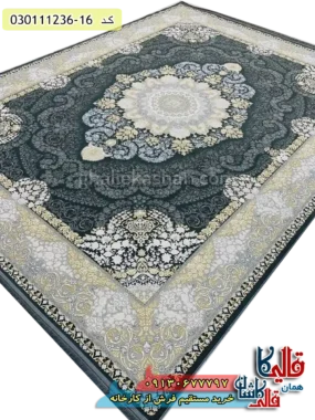 فرش طلاکوب 1200 شانه طرح کریستال زمینه دودی کاشان – گل برجسته