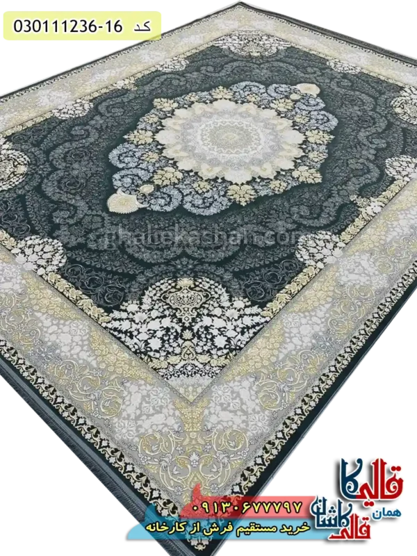 فرش طلاکوب 1200 شانه طرح کریستال زمینه طوسی دودی گل برجسته کاشان اصلی
