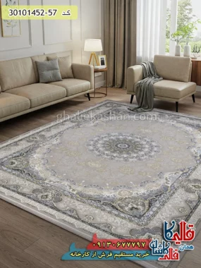 فرش طلاکوب 1500 شانه طرح معراج زمینه صدفی کاشان - گل برجسته