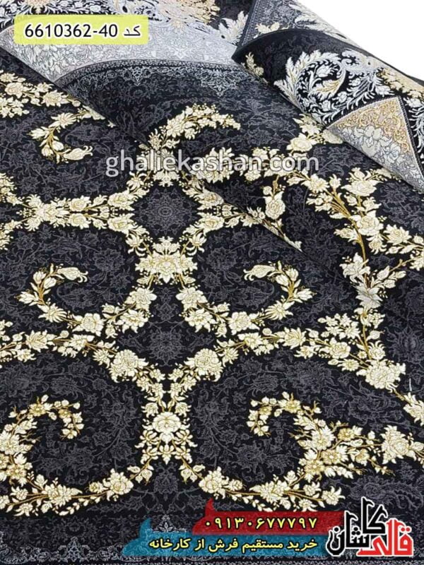 فرش طلاکوب 1200 شانه طرح آوینا زمینه سرمه ای گل برجسته کاشان - فرش مدل جدید و مدرن - فرش مشکی جدید