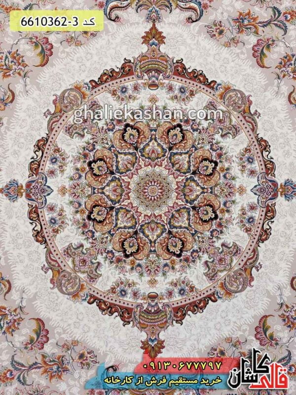فرش 1200 شانه طرح الماس زمینه نقره ای گل برجسته کاشان - فرش دستباف گونه ماشینی کلاسیک