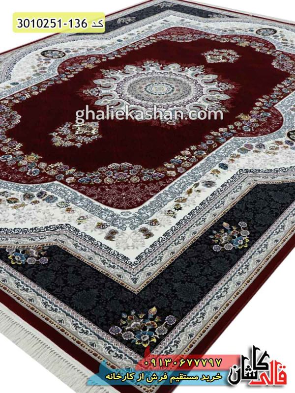 فرش 700 شانه طرح طناز زمینه لاکی کاشان - فرش قرمز جدید - فرش لاکی