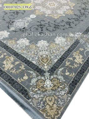 فروش فرش ماشینی کاشان قالی کاشان خرید فرش 700 شانه طلاکوب وینتیج طرح اسلیمی زمینه طوسی کاشان 2