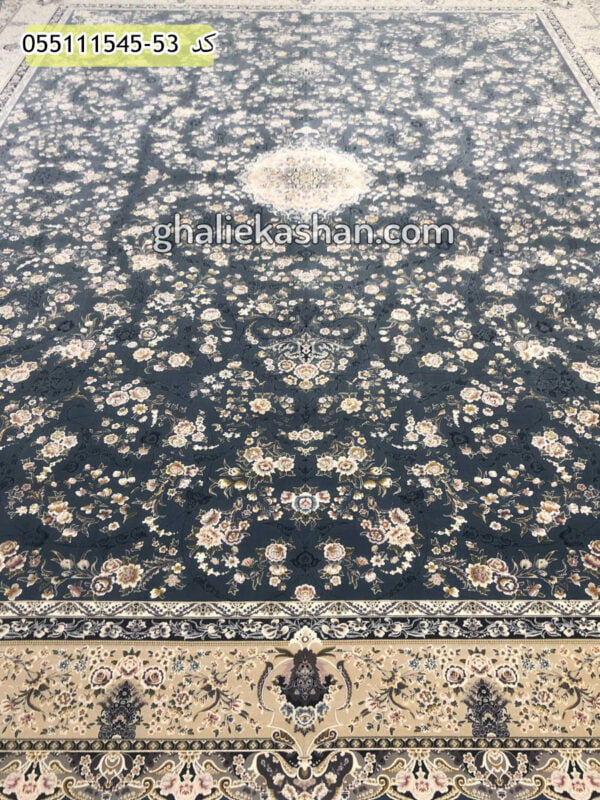 فرش 1500 شانه طرح کاخ رویا زمینه آبی کاشان - گل برجسته