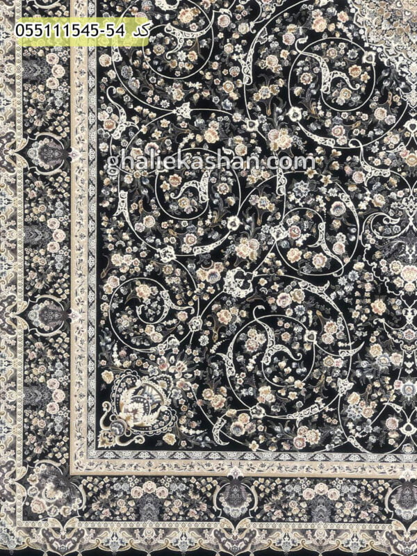 فرش 1500 شانه طرح کاخ رویا زمینه ذغالی کاشان - گل برجسته