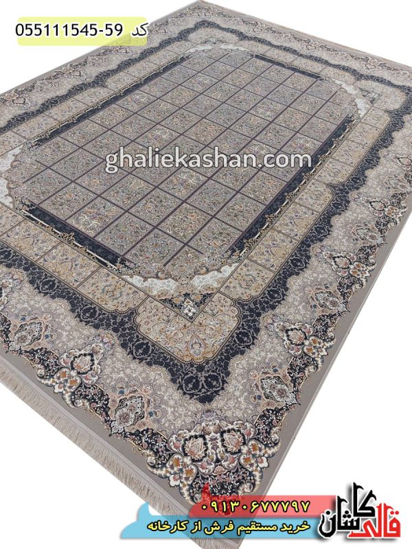 فرش 1500 شانه طرح مرداس زمینه نقره ای کاشان - گل برجسته