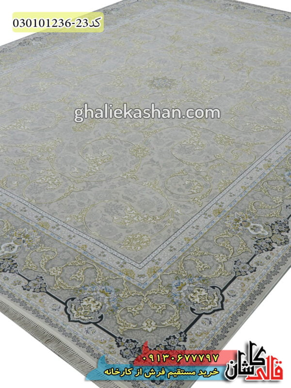 فرش 1200 شانه طرح اسلیمی طلاکوب زمینه صدفی کاشان - گل برجسته