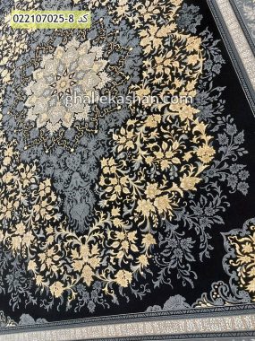 فرش 700 شانه طرح تندیس زمینه سرمه ای طلاکوب کاشان