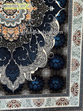 فرش 700 شانه طرح چکاوک رخسار زمینه سرمه ای کاشان