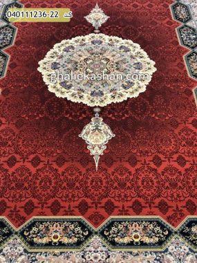 فرش 1200 شانه طرح هالیدی زمینه لاکی کاشان - گل برجسته
