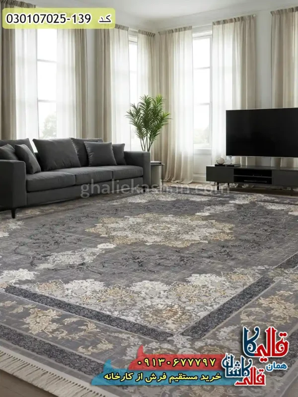 فرش طلاکوب وینتیج 700 شانه طرح 7002 گلرخ زمینه طوسی کاشان دکوراسیون