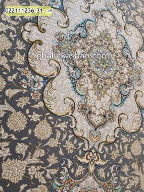 فرش 1200 شانه طرح سپهر زمینه ذغالی کاشان - گل برجسته