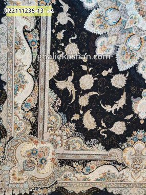 فرش 1200 شانه طرح پرواز زمینه سرمه ای کاشان - گل برجسته