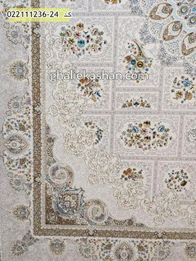 فرش 1200 شانه طرح خشتی زمینه کرم کاشان - گل برجسته