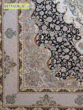 فرش 1200 شانه طرح سپهر زمینه سرمه ای کاشان - گل برجسته