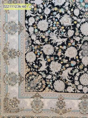 فرش 1200 شانه طرح هشت بهشت زمینه سرمه ای کاشان - گل برجسته