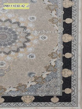 قیمت خرید فرش قالی کاشان فروش فرش ماشینی طلاکوب 1000 شانه طرح ترنج دار کد 1439 زمینه زغالی کاشان - گل برجسته حاشیه