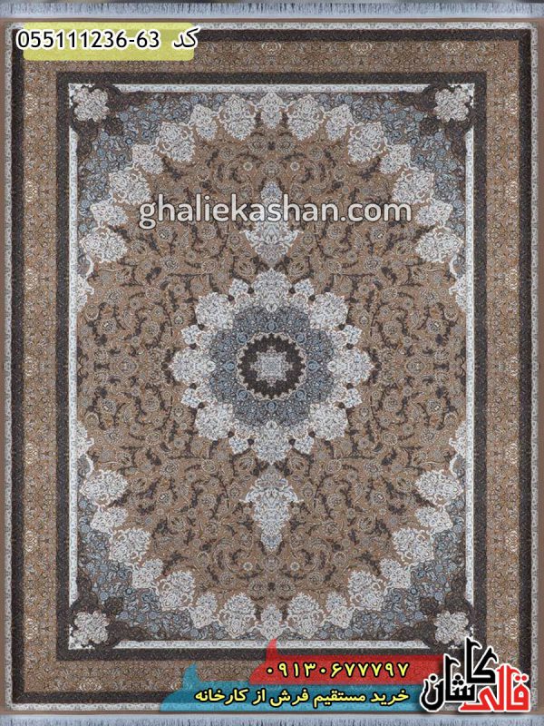 قیمت خرید فرش قالی کاشان فروش فرش ماشینی طلاکوب 1200 شانه طرح اسپادانا اصفهان زمینه نسکافه ای کاشان - گل برجسته