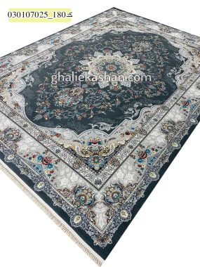 قیمت خرید فرش قالی کاشان فروش فرش ماشینی 700 شانه طرح آترین زمینه دودی کاشان اریب