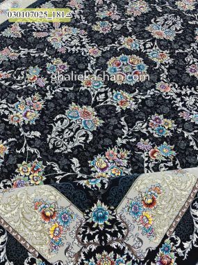 قیمت خرید فرش قالی کاشان فروش فرش ماشینی 700 شانه طرح افشان نورا زمینه سرمه ای کاشان نزدیک