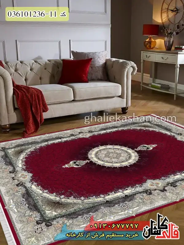 قیمت خرید فرش قالی کاشان فروش فرش ماشینی 1200 شانه طرح هالیوود زمینه قرمز روناسی کاشان دکوراسیون