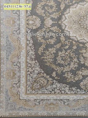 قیمت خرید فرش قالی کاشان فروش فرش ماشینی طلاکوب 1200 شانه طرح پردیس زمینه طوسی متالیک کاشان – گل برجسته حاشیه