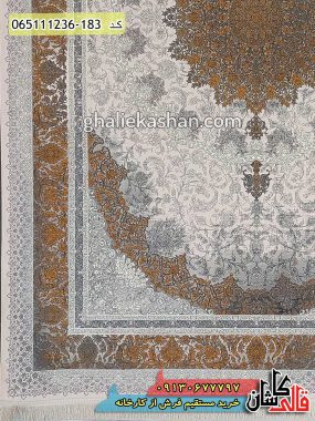 خرید فرش قالی کاشان فروش فرش ماشینی وینتیج 1200 شانه طرح چلچراغ طلایی کاشان گل برجسته حاشیه