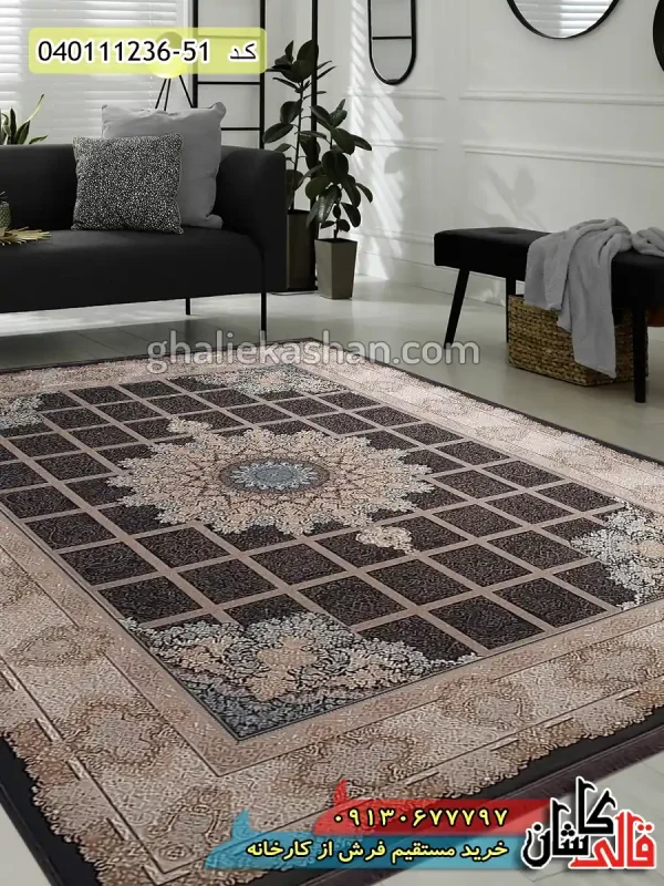 قیمت خرید فرش قالی کاشان فروش فرش ماشینی 1200 شانه خشتی طرح ریحان زمینه زغالی کاشان گل برجسته دکوراسیون