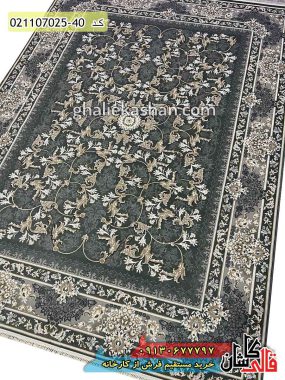 خرید فرش قالی کاشان فروش فرش ماشینی 700 شانه افشان طرح گلبرگ زمینه دودی کاشان نزدیک