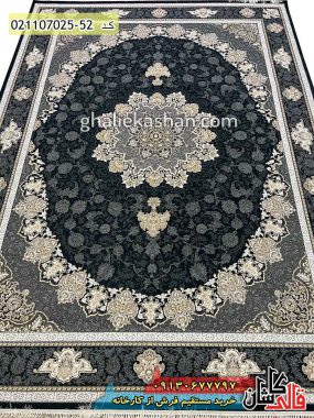 خرید فرش قالی کاشان فروش فرش ماشینی طلاکوب 700 شانه آنیسا زمینه زغالی کاشان 1