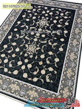 خرید فرش قالی کاشان فروش فرش ماشینی طلاکوب 700 شانه طرح افشان پریماه تارا زمینه زغالی کاشان اصلی