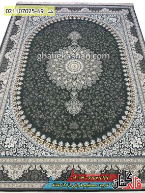 خرید فرش قالی کاشان فروش فرش ماشینی طلاکوب 700 شانه طرح سودا زمینه دودی کاشان اصلی