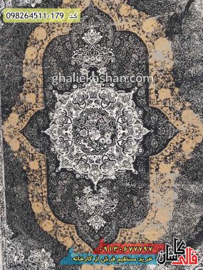 خرید فرش قالی کاشان فروش فرش ماشینی وینتیج طرح کارینا زمینه زغالی کاشان گل برجسته زمینه