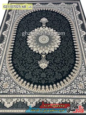 خرید فرش قالی کاشان فروش فرش ماشینی طلاکوب 700 شانه طرح سودا زمینه زغالی کاشان 2