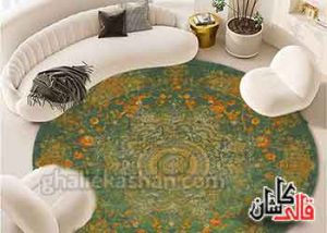 تصویر یک فرش کلاریس 1200 شانه با شکل گرد با زمینه سبز زیتونی در یک دکوراسیون مدرن